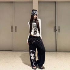 批发美式789重工<b class='q'>钉珠</b>抽绳休闲裤女春秋季高街设计感显瘦窄版直筒长裤