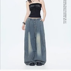 批发美式复古褶皱设计感小众弯刀牛仔<b class='q'>裤</b>女春秋季<b class='q'>新款</b>宽松直筒阔腿<b class='q'>裤</b>子