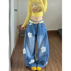 批发美式牛仔很忙设计感花朵贴布刺绣<b class='q'>牛仔裤</b>女秋宽松显瘦百搭阔腿长裤