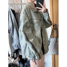 批发美式潮人邦复古做旧牛仔外套女春秋冬欧美宽松设计感小众夹克上衣