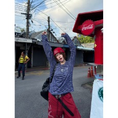 批发美式自由<b class='q'>街头</b>条纹拼色圆领长袖T恤男女春秋季通勤松弛感罩衫上衣