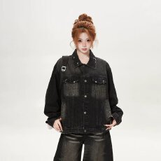 批发水洗夹克就位<b class='q'>牛仔外</b>套女男秋季新款美式潮流破洞复古休闲流行慵懒