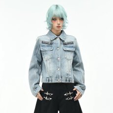 批发港风夹克就位做旧水洗牛仔外套女春秋季个性别致宽松短款夹克上衣