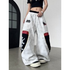 批发美式复古脏染骑士狮盾拼接解构休闲裤<b class='q'>女</b>春秋松紧阔腿卫裤运动<b class='q'>长裤</b>