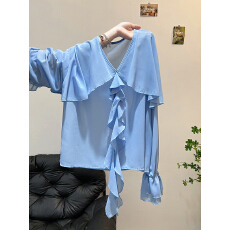 批发法式浪漫气质蓝色荷叶边长袖衬衫女2025新款休闲日常<b class='q'>甜美</b>减龄上衣