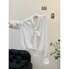 批发法式<b class='q'>波点</b>飘带V领<b class='q'>雪纺</b><b class='q'>衬衫</b>女春秋宽松打底<b class='q'>衬衣</b>高级感复古气质上衣