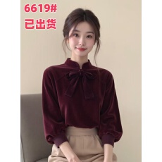 批发新中式女装酒红色立领蝴蝶结丝绒旗袍上衣25秋高级感内搭国风<b class='q'>小衫</b>