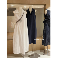 简约大方polo领无袖连衣裙女夏日常宽松气质背心裙松弛感白色长裙