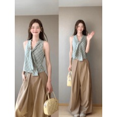 批发设计感绑带绿色格纹背心吊带<b class='q'>女</b>夏季高级感西装裤休闲裤长裤两件套