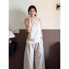 批发韩系新款时尚套装挂脖系带无袖背心<b class='q'>女</b>夏季高腰显瘦阔腿长裤两件套