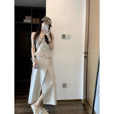 批发设计感单排扣西装马甲背心上衣女夏季小众绑带开叉半身裙子两件套