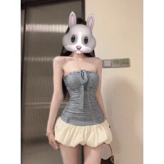 批发纯欲风辣妹设计感假两件条纹拼接抹胸连衣裙夏季收腰显瘦花苞短裙