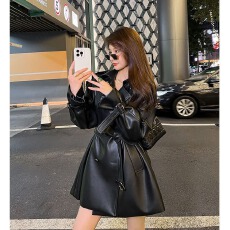 批发高级感黑色皮衣女中长款2026春季新款韩版收腰显瘦流行机车外套潮