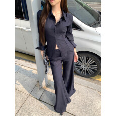 批发御姐高级感套装气质polo领长袖条纹衬衫<b class='q'>女</b>秋季微喇叭<b class='q'>休闲裤</b>两件套