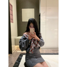 批发格纹拼接露肩长袖针织<b class='q'>连衣裙</b>女秋季修身绑带短裙辣妹收腰包臀裙子