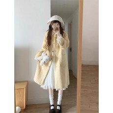 批发奶黄色翻领彩色扣毛呢外套女装秋冬季小个子高级感<b class='q'>中长款</b>呢子大衣