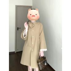 批发英伦风千金蝴蝶结立领风衣外套女装秋季新款小个子中长卡其色大衣