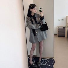 批发法式气质蝴蝶结系带小个子大衣女秋冬千金风设计感<b class='q'>中长款</b>毛呢外套