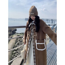 批发格子拼接驼色呢大衣女<b class='q'>中长款</b>2025新款高级感气质美拉德毛呢外套女