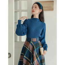 批发复古气质蓝色<b class='q'>针织</b>衫毛衣女秋冬季新款高级感格纹半身裙上衣两件套