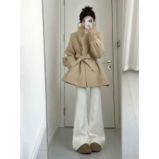 批发法式气质纯色蝴蝶结绑带长袖毛呢外套女装<b class='q'>秋</b>冬季收腰显瘦外穿大衣