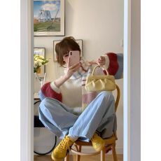 批发温柔风减龄多巴胺彩虹条纹针织长袖上衣女秋季休闲百搭长裤两件套