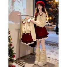 批发圣诞节穿搭针织灯笼袖红白格纹套装<b class='q'>女</b>翻领衬衫花边拼接<b class='q'>短裤</b>两件套