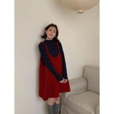 批发冬季新款新年红色宽松吊带<b class='q'>连衣裙</b>女叠穿印花长袖打底衫上衣两件套