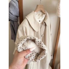 批发秋冬巨好看小个子娃娃领波点拼接加绒加厚卡其色中长款风衣外套女