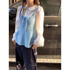 批发甜美减龄蓝色系带蝴蝶结针织吊带马甲女早春内搭娃娃领<b class='q'>衬衫</b>两件套