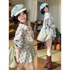 批发设计感时尚<b class='q'>格子</b>POLO领长袖衬衫上衣女春秋新款花苞显瘦短裙两件套