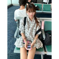 批发格子POLO领<b class='q'>长袖</b>衬衫上衣女早春季2025新款高腰花苞半身短裙<b class='q'>两件套</b>