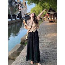 批发通勤百搭气质POLO领<b class='q'>短袖</b>衬衫上衣女春夏黑色休闲阔腿裤子两件套