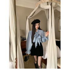法式小香风蓝色蝴蝶结衬衫女春装内搭长袖上衣衬衣打底衫2026新款