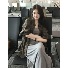 批发小众百搭长袖衬衫外套早春新款复古格子宽松女慵懒风衬衣休闲上衣