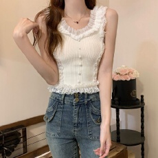 批发蕾丝木耳边针织吊带t恤女装夏季小个子拼接收腰显瘦短款背心上衣