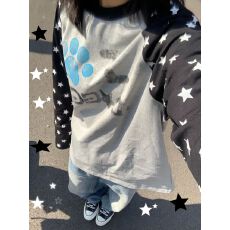 批发美式复古星星<b class='q'>印花</b>撞色插肩长袖<b class='q'>T</b><b class='q'>恤</b>女装早春宽松薄款百搭显瘦上衣