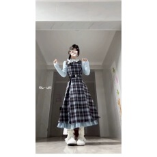 批发2026早春新款复古假两件蓝棕色蝴蝶结<b class='q'>拼接</b>格纹<b class='q'>连衣裙</b>收腰显瘦长裙