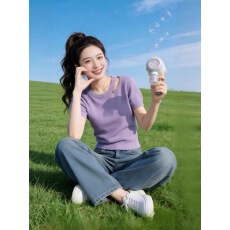 批发夏季新款缕空设计感套头透气毛针织衫圆领短袖透气短款紫色上衣女