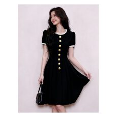 批发法式轻奢高级感名媛千金风气质黑色圆领钉珠收腰拼接<b class='q'>百褶</b><b class='q'>连衣裙</b>女