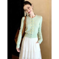 批发设计感立体花朵圆领<b class='q'>长袖</b>针织开衫女春夏新款清新减龄显瘦百搭上衣