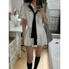 批发2026夏季新款法式学院风白色衬衫上衣女收腰显瘦半身短裙两件<b class='q'>套装</b>
