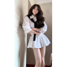 批发2026夏季新款法式学院风白色衬衫上衣女收腰显瘦半身短裙两件<b class='q'>套装</b>