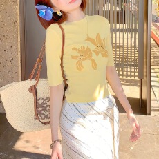 批发小众设计高级感印花短袖<b class='q'>T</b>恤夏季新款纯色修身显瘦百搭针织上衣女