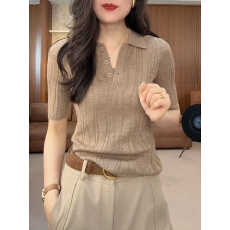 批发驼色翻领<b class='q'>短袖</b>针织衫女夏季正肩<b class='q'>t</b><b class='q'>恤</b>2026新款气质显瘦薄款中袖上衣