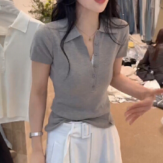批发Polo领针织短袖t恤<b class='q'>女装</b>夏季2026年新款简约纯色修身显瘦百搭上衣