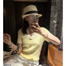 批发韩系拼接撞色休闲短袖针织衫女2026夏季新款时尚显瘦气质百搭上衣