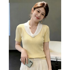 批发韩系拼接撞色休闲短袖针织衫女2026夏季新款时尚显瘦气质百搭上衣