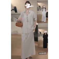 批发慵懒风白色套装polo领衬衫长袖开衫<b class='q'>女装</b>春季高腰直筒半身裙两件套