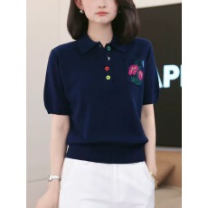 批发2026夏季新款复古风POLO领针织短袖女藏蓝色刺绣彩扣翻领大码上衣